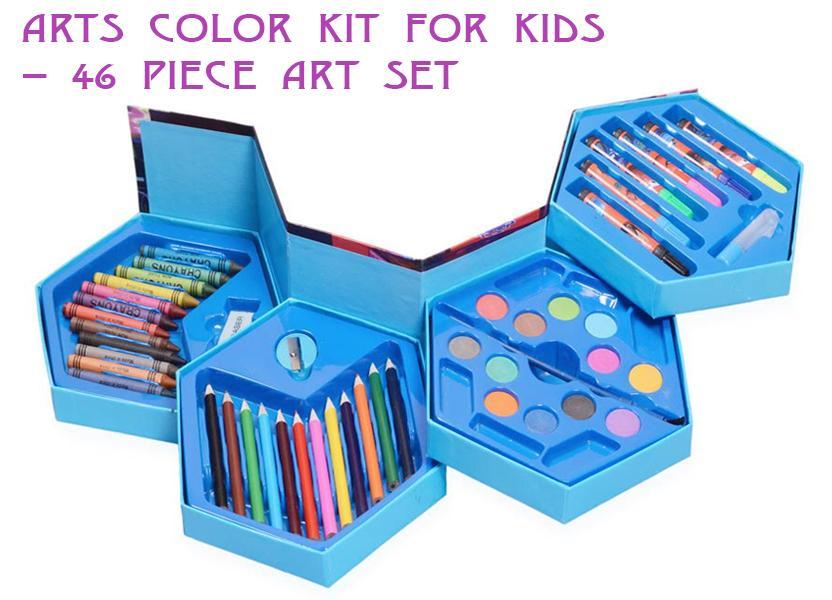 46 Pcs Plastic Art Colour Set (Blue) With Color Pencil Crayons Oil Pastel And Sketch Pens