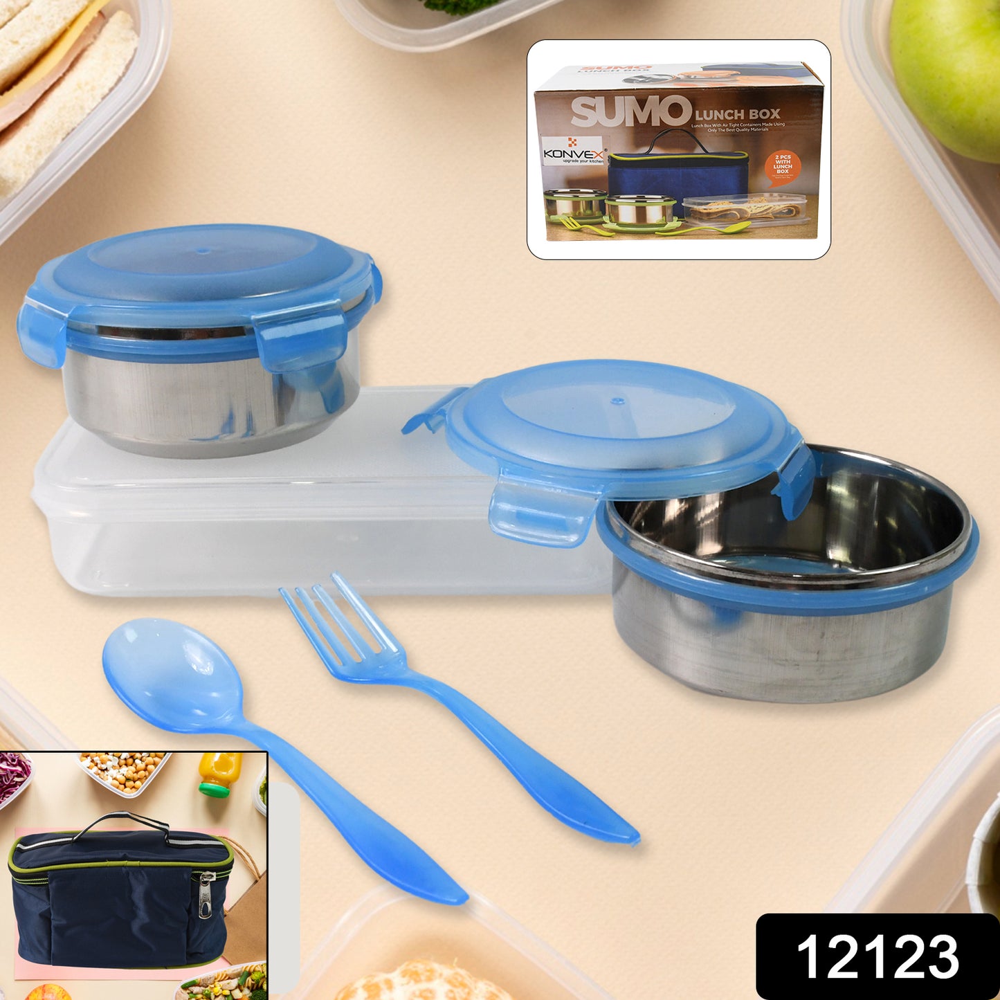 Sumo Lunch Box With Lunch Bag Plastic Lunch Box Plastic Spoon Fork (2 Pc Set With Lunch Box)