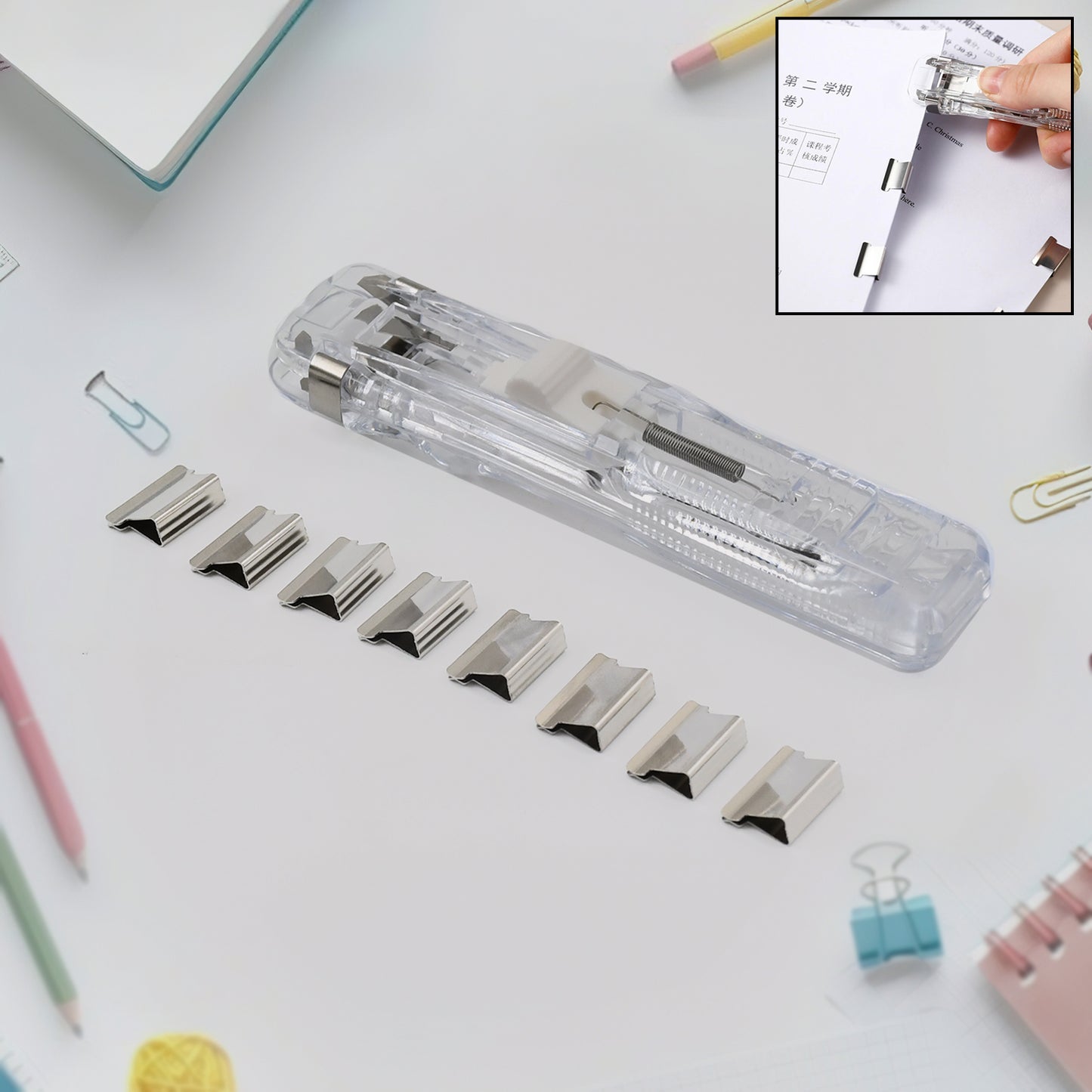 Portable Paper Clamp With 8 Pcs Clip Dispenser (1 Set)