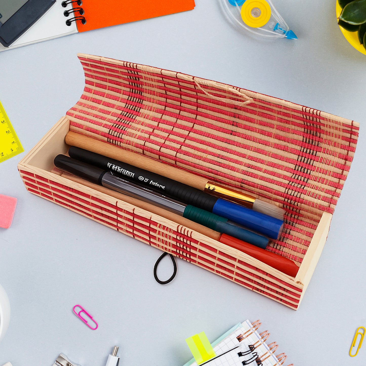 Multi-purpose Handcrafted Bamboo Mat Style Pen Pencil Makeup Box (1 Pc)