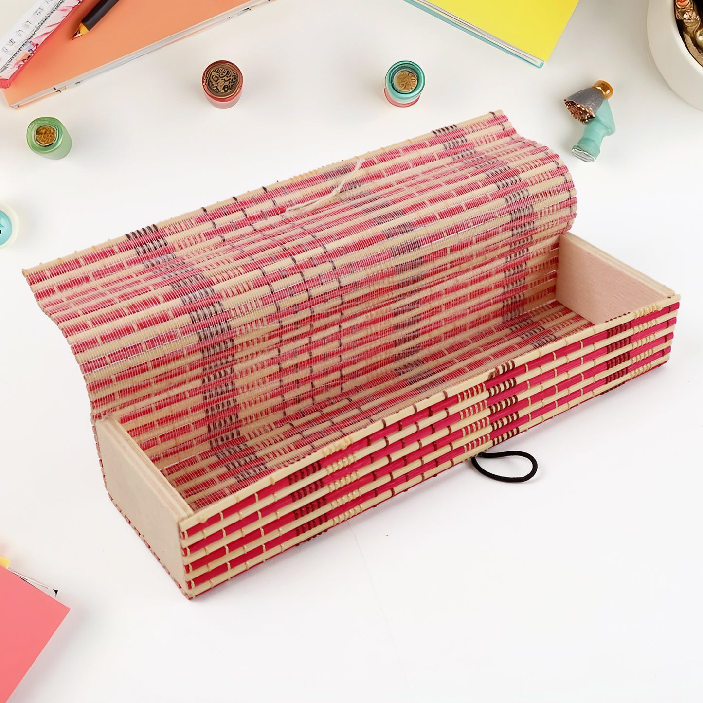 Multi-purpose Handcrafted Bamboo Mat Style Pen Pencil Makeup Box (1 Pc)