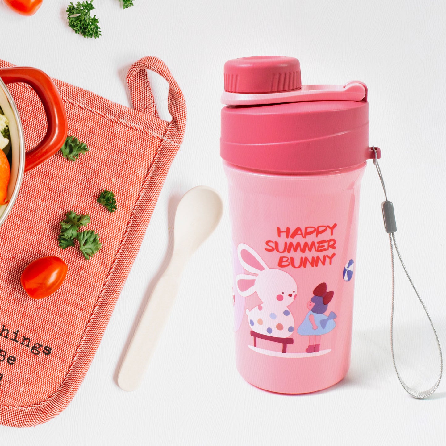 Plastic Lunch Box Leak Proof 2 Compartment With Bottle And Fork (1 Set)