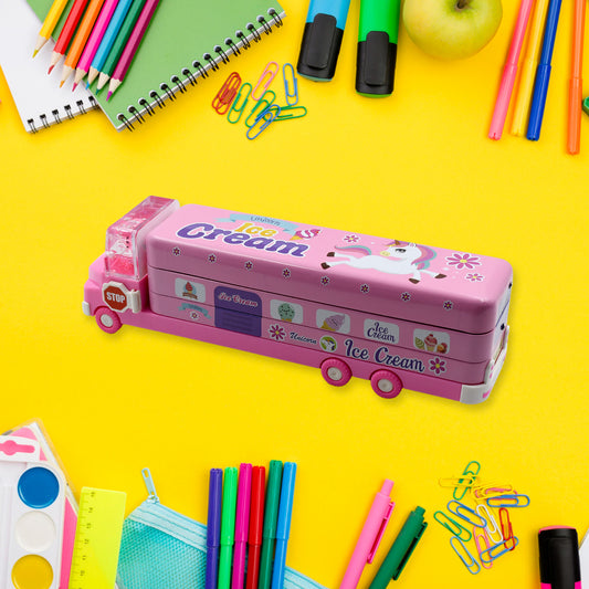 Double Decker Magic Ice Cream Truck Compass Multi Level Metal Truck Compass Pencil Case With Movable Wheels  Sharpener