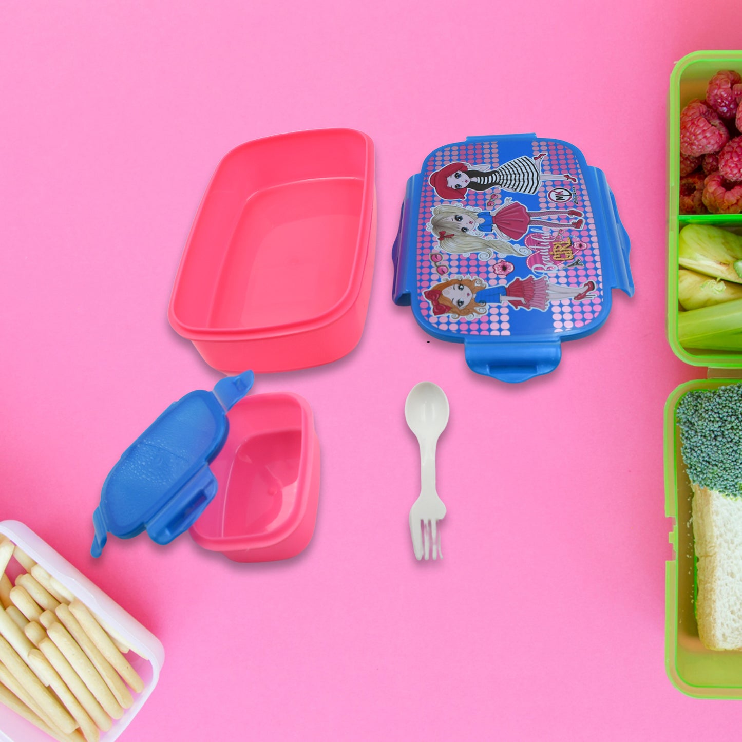 Cartoon Printed Plastic Lunch Box With Inside Small Box  Spoon For Kids Air Tight Lunch Tiffin Box For Girls Boys Food Container Specially Designed For School Going Boys And Girls