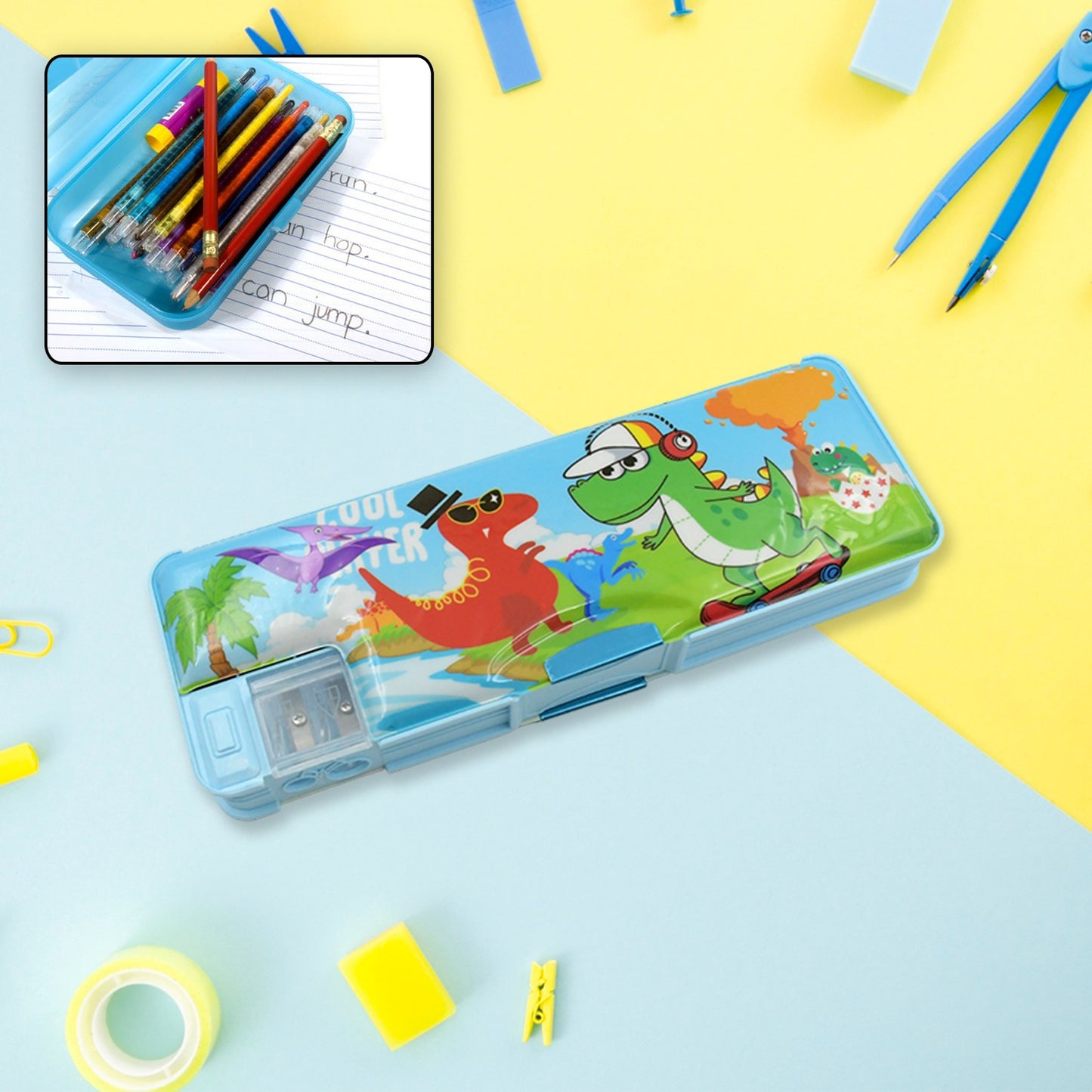 Multipurpose Compass Box Plastic Double Deck Pencil Case With 2 Compartments