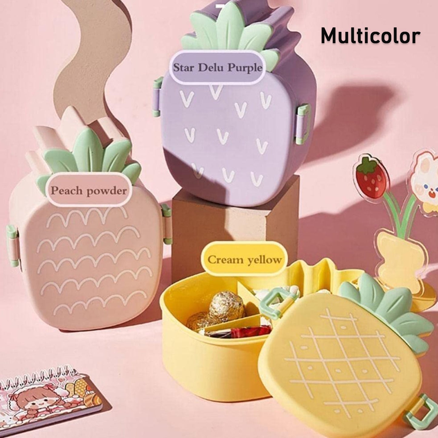 Kids Lunch Box Cute Pineapple Shaped Bento Box With Fork Spoon Snack Candy Container Microwave Portable Office Lunch Box (1 Pc  With Spoon Fork)