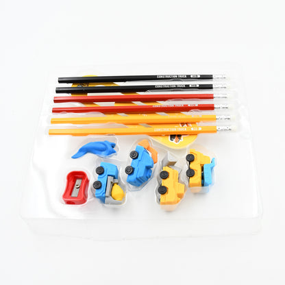 Pencil And Eraser Set Construction Truck Theme Stationery Kit Includes 6 Pencils 4 Erasers 1 Sharpener 1 Ruler Bookmark 1 Pencil (13 Pc Set)