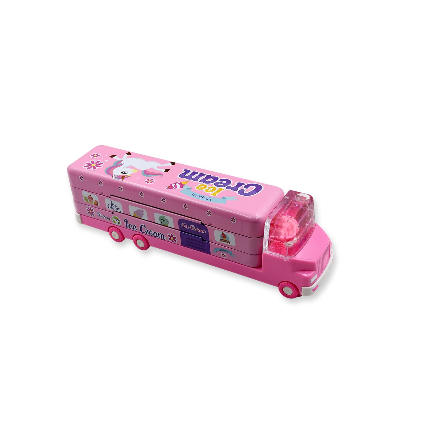 Double Decker Magic Ice Cream Truck Compass Multi Level Metal Truck Compass Pencil Case With Movable Wheels  Sharpener