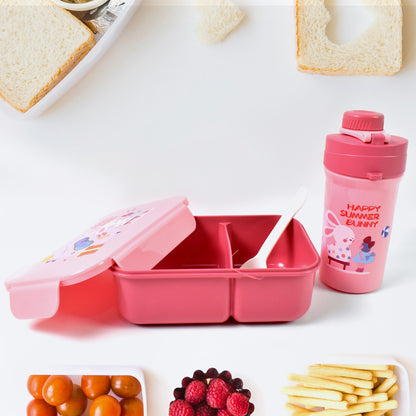 Plastic Lunch Box Leak Proof 2 Compartment With Bottle And Fork (1 Set)
