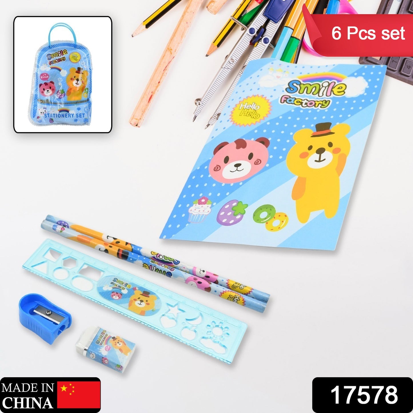 Stationery Kit For Kids - Stationery Set Includes Wooden Pencil Sharpener Pencil And Eraser (6 Pcs Set)