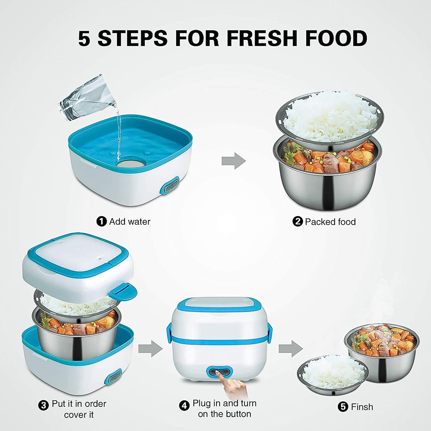 Electric Lunch Box 3 In 1 Heater Cooker Steamer With Stainless Steel Bowls (1 Set)
