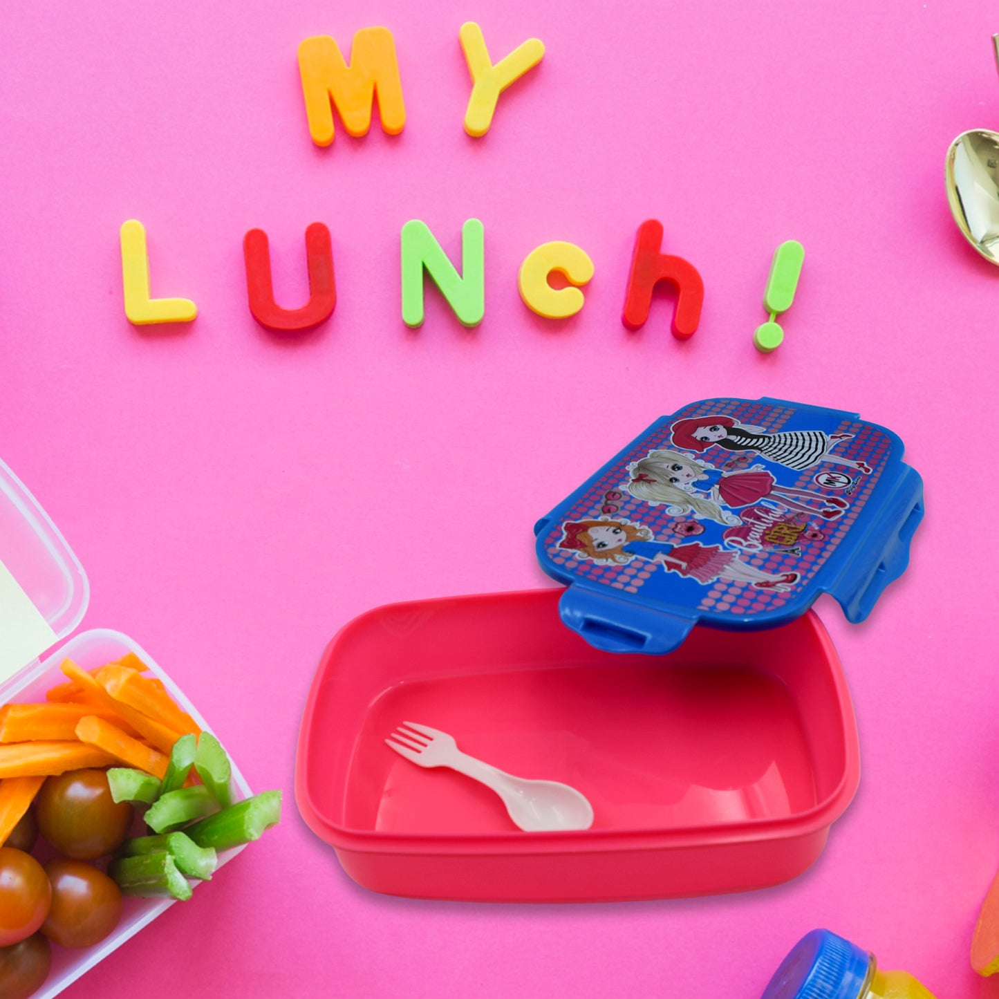 Cartoon Printed Plastic Lunch Box With Inside Small Box  Spoon For Kids Air Tight Lunch Tiffin Box For Girls Boys Food Container Specially Designed For School Going Boys And Girls
