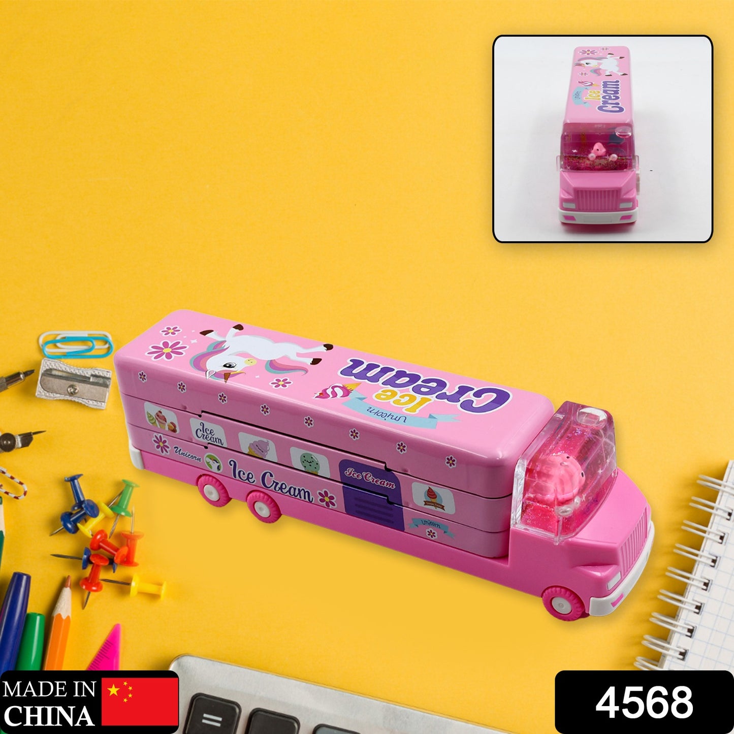 Double Decker Magic Ice Cream Truck Compass Multi Level Metal Truck Compass Pencil Case With Movable Wheels  Sharpener