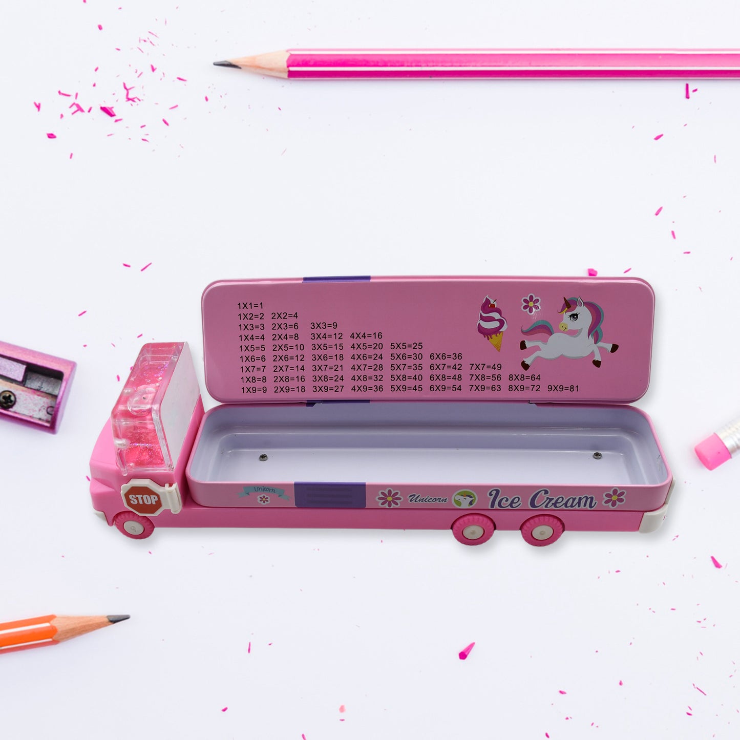 Double Decker Magic Ice Cream Truck Compass Multi Level Metal Truck Compass Pencil Case With Movable Wheels  Sharpener