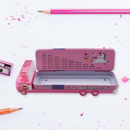 Double Decker Magic Ice Cream Truck Compass Multi Level Metal Truck Compass Pencil Case With Movable Wheels  Sharpener