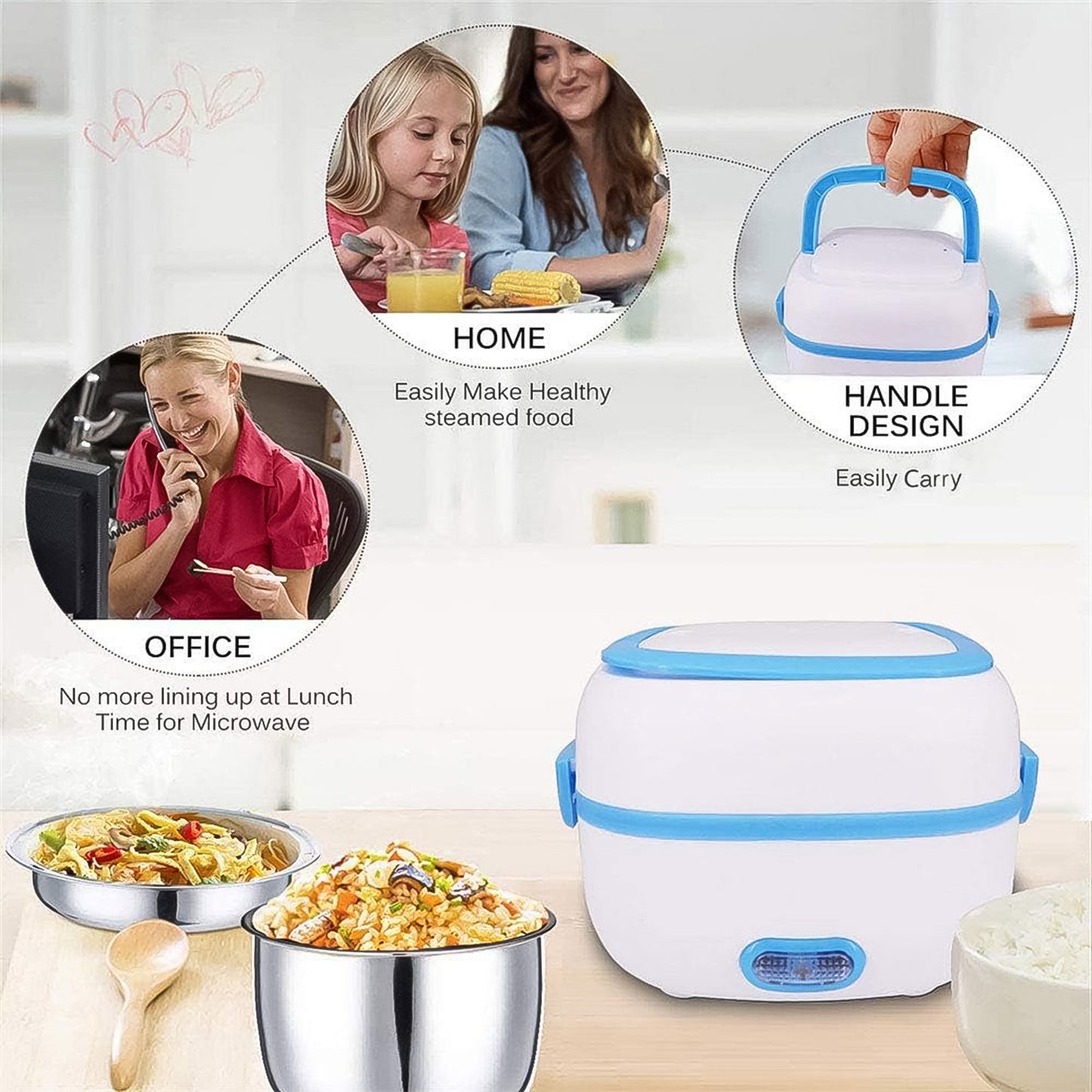Electric Lunch Box 3 In 1 Heater Cooker Steamer With Stainless Steel Bowls (1 Set)
