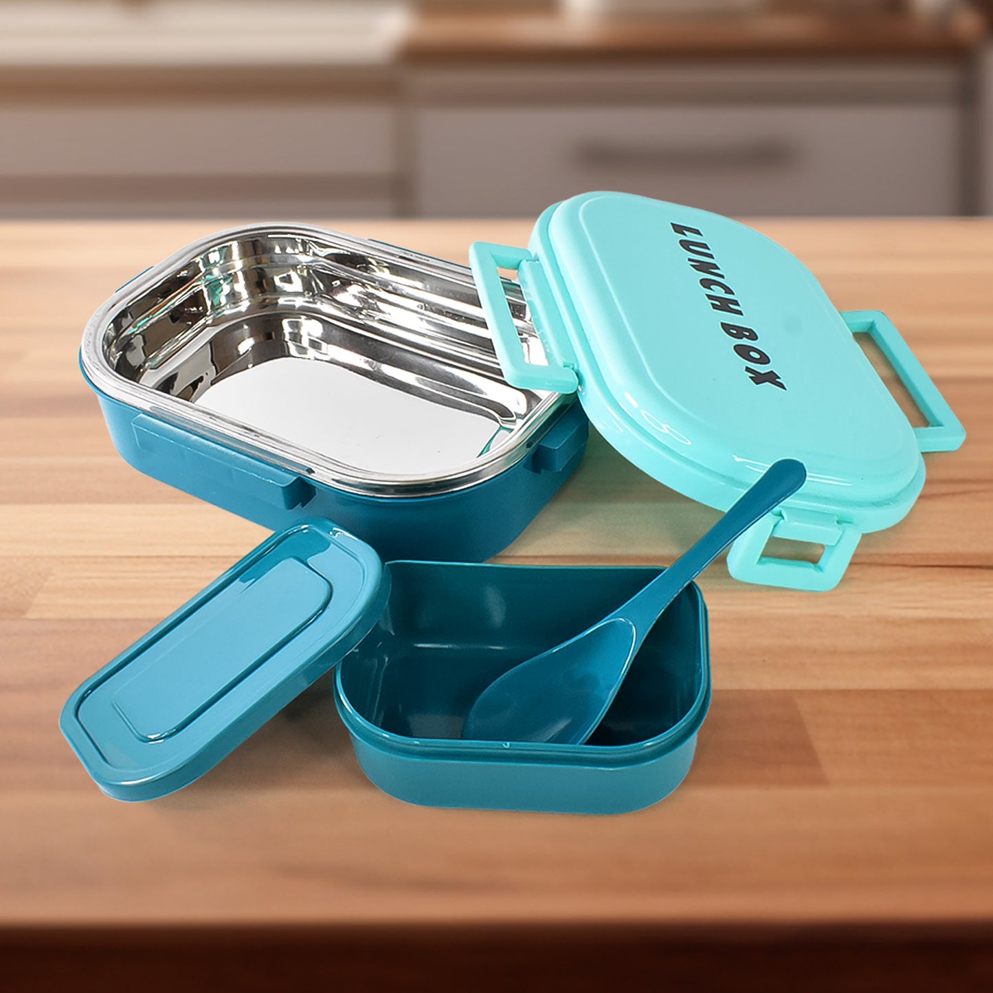 3 In 1 Stainless Steel Lunch Box With Plastic Small Box Spoon (1 Set)