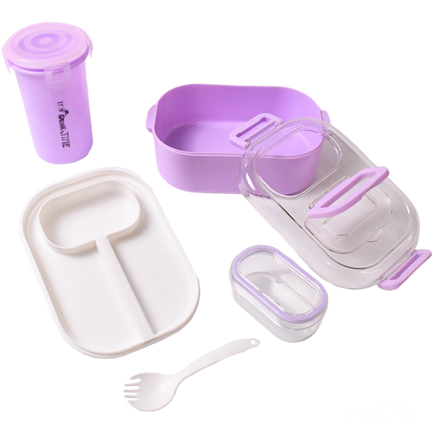 Plastic Lunch Box With Small Box Bottle Spoon For Kids (4 Pc Set)
