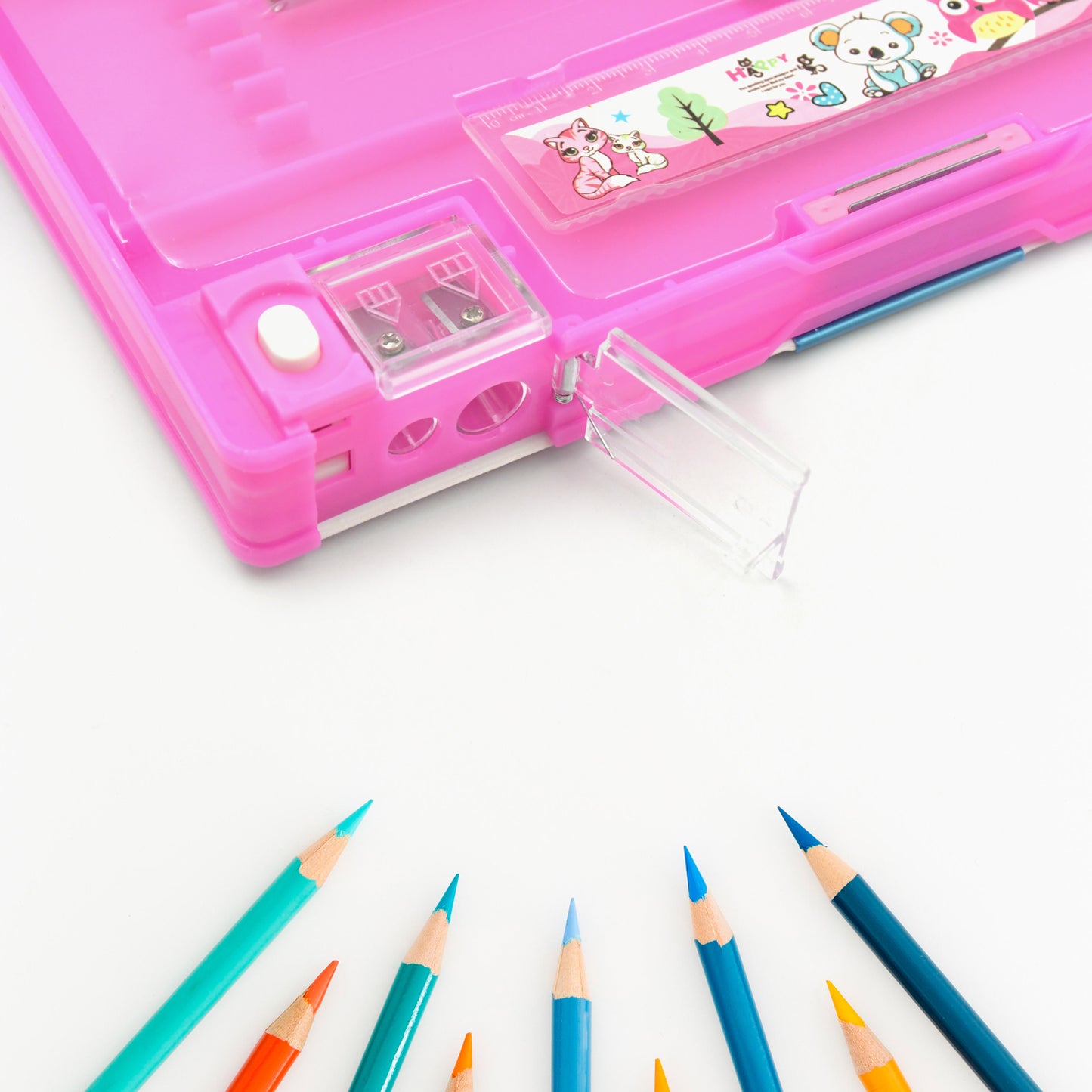 Printed compass with multi Compartment Pencil Box With Sharpener Eraser Pencil Scale