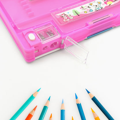 Printed compass with multi Compartment Pencil Box With Sharpener Eraser Pencil Scale