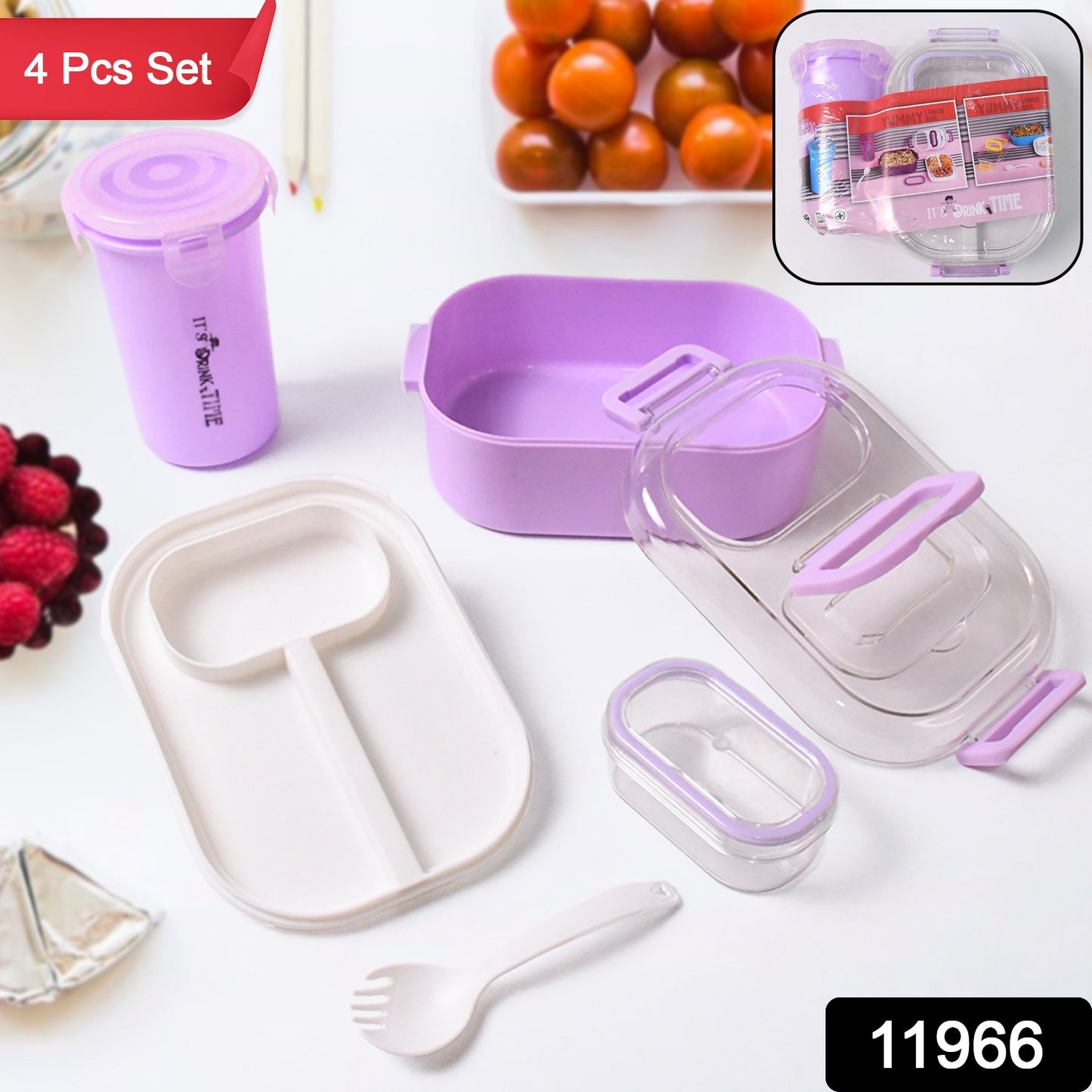 Plastic Lunch Box With Small Box Bottle Spoon For Kids (4 Pc Set)