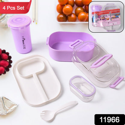 Plastic Lunch Box With Small Box Bottle Spoon For Kids (4 Pc Set)