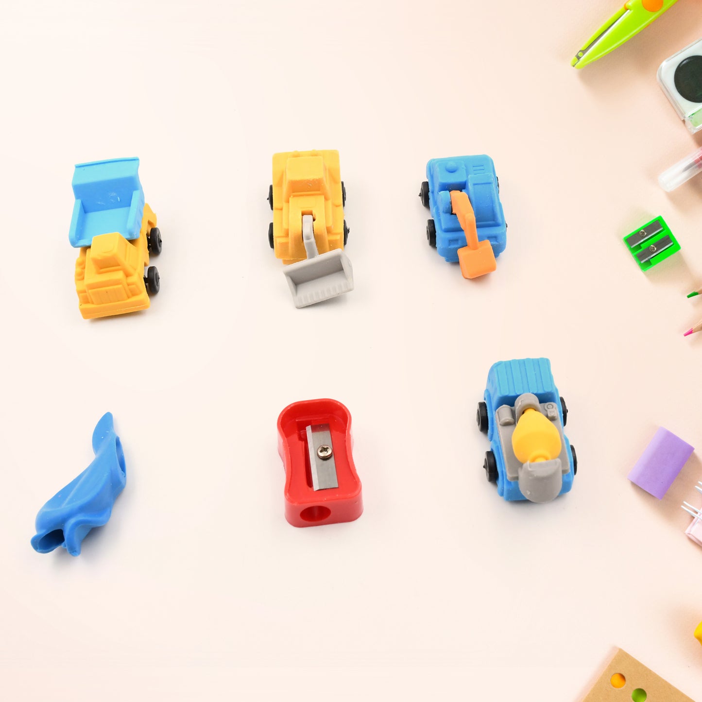 Pencil And Eraser Set Construction Truck Theme Stationery Kit Includes 6 Pencils 4 Erasers 1 Sharpener 1 Ruler Bookmark 1 Pencil (13 Pc Set)