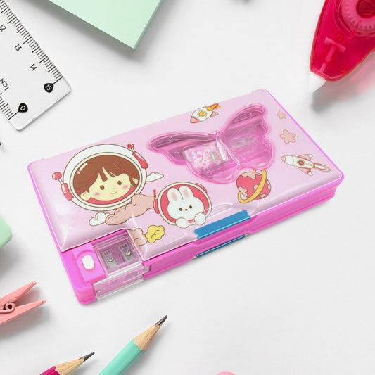 Printed compass with multi Compartment Pencil Box With Sharpener Eraser Pencil Scale