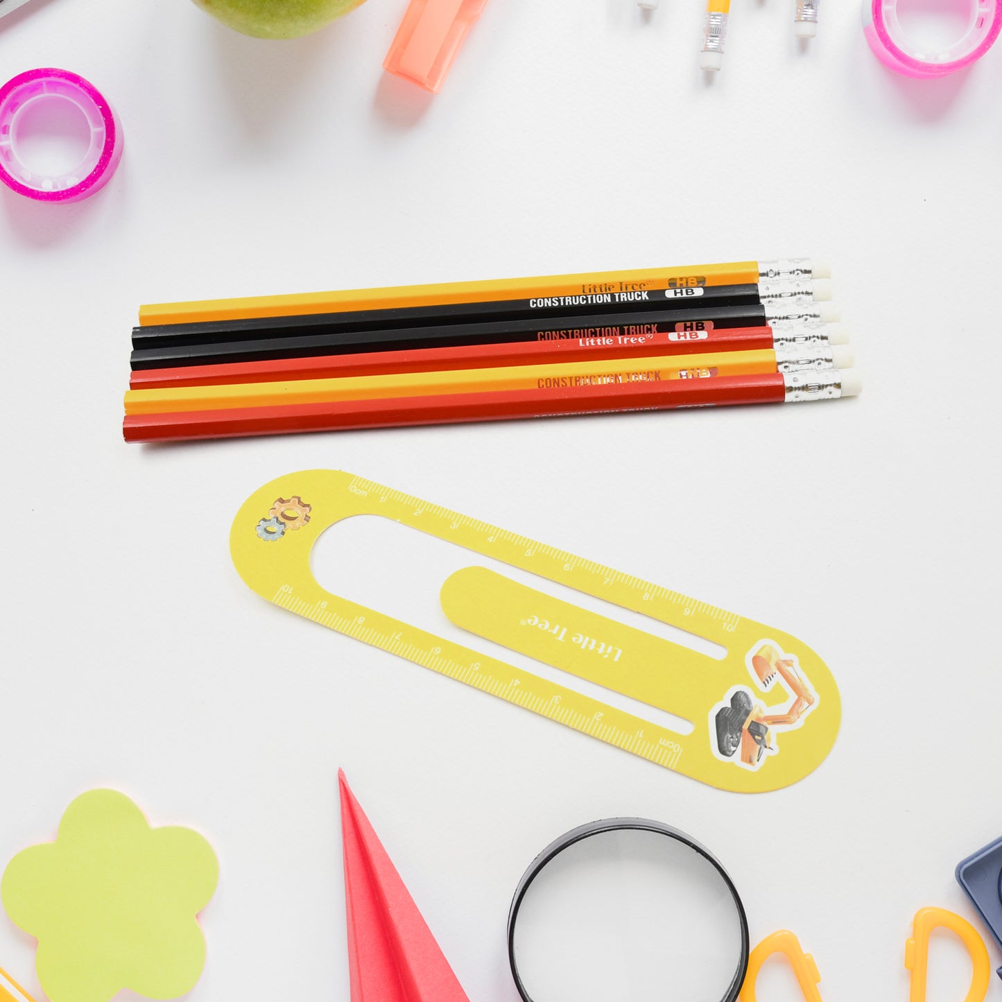Pencil And Eraser Set Construction Truck Theme Stationery Kit Includes 6 Pencils 4 Erasers 1 Sharpener 1 Ruler Bookmark 1 Pencil (13 Pc Set)