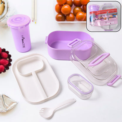 Plastic Lunch Box With Small Box Bottle Spoon For Kids (4 Pc Set)