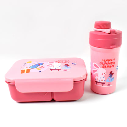 Plastic Lunch Box Leak Proof 2 Compartment With Bottle And Fork (1 Set)