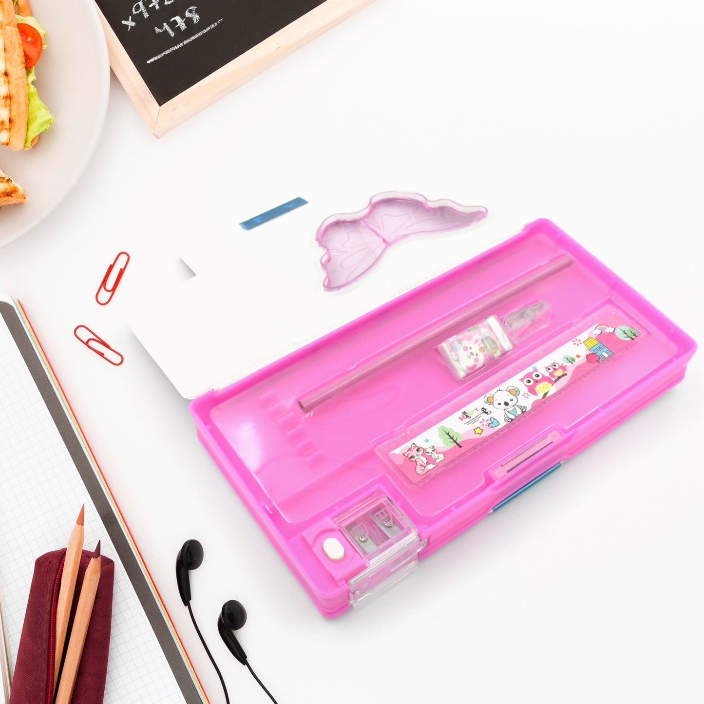 Printed compass with multi Compartment Pencil Box With Sharpener Eraser Pencil Scale