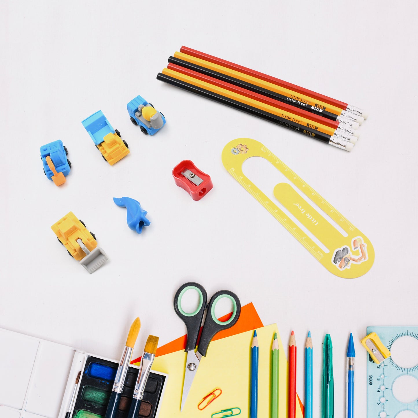 Pencil And Eraser Set Construction Truck Theme Stationery Kit Includes 6 Pencils 4 Erasers 1 Sharpener 1 Ruler Bookmark 1 Pencil (13 Pc Set)
