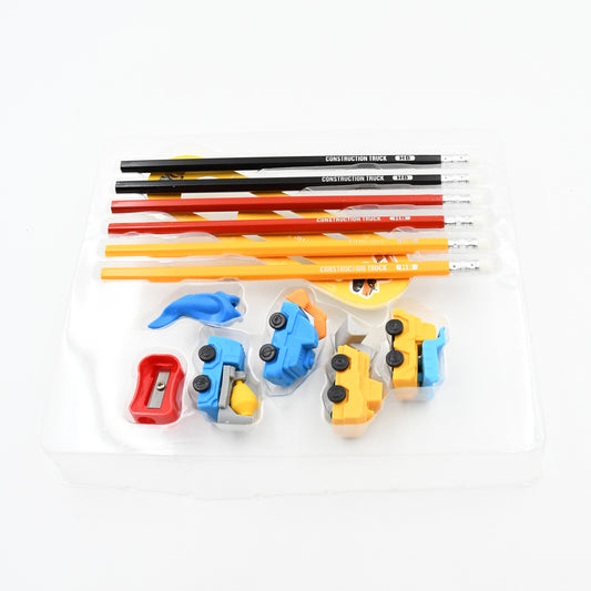 Pencil And Eraser Set Construction Truck Theme Stationery Kit Includes 6 Pencils 4 Erasers 1 Sharpener 1 Ruler Bookmark 1 Pencil (13 Pc Set)