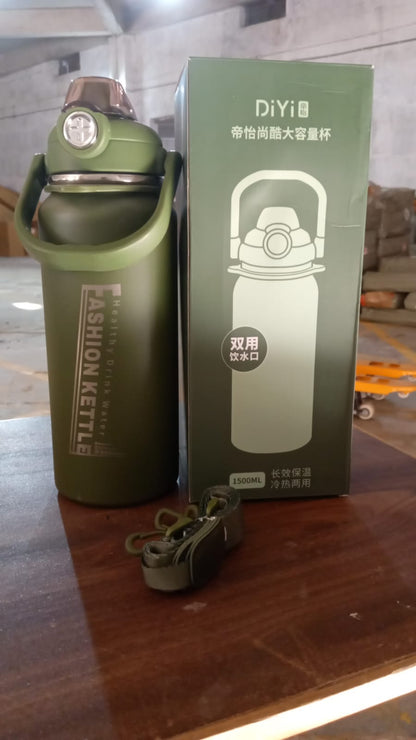 Stainless Steel Water Bottle With Straw Strap Handle (1500ml)