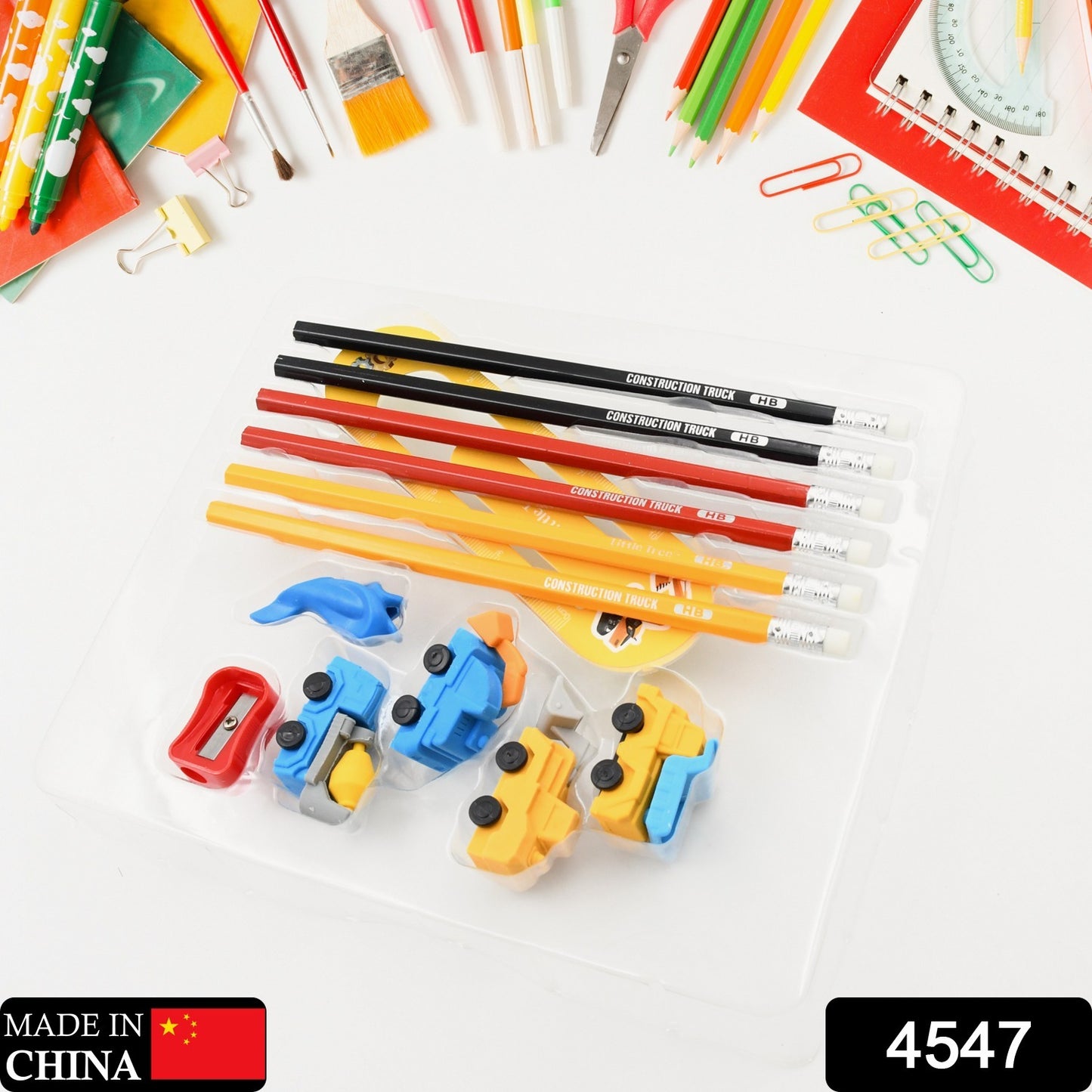 Pencil And Eraser Set Construction Truck Theme Stationery Kit Includes 6 Pencils 4 Erasers 1 Sharpener 1 Ruler Bookmark 1 Pencil (13 Pc Set)