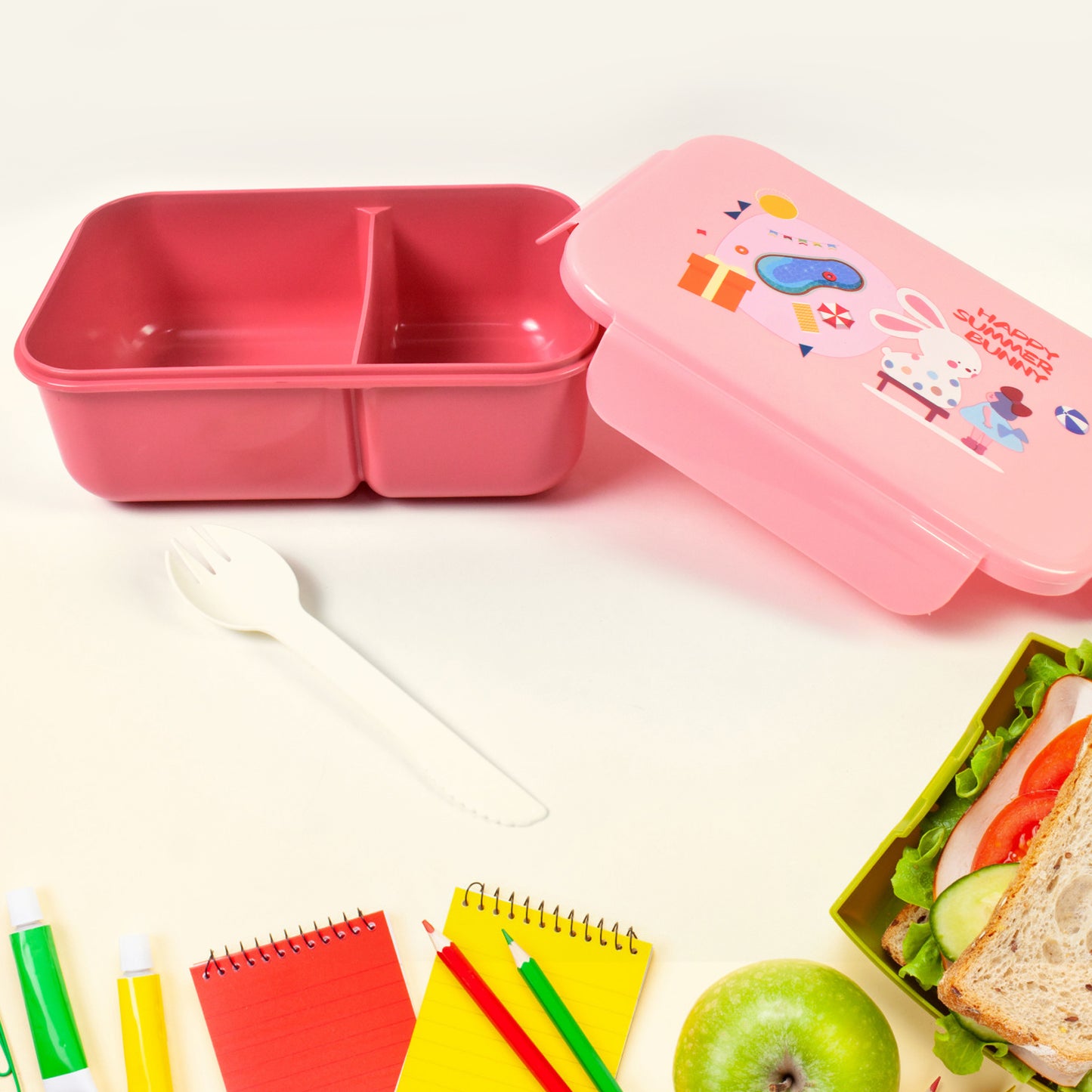 Plastic Lunch Box Leak Proof 2 Compartment With Bottle And Fork (1 Set)